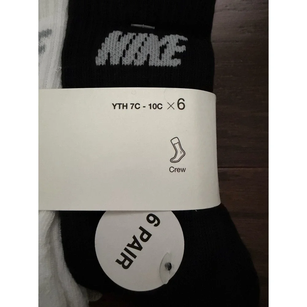 Nike Kids 6 Pack Cushioned Crew Socks Black White Grey BN0509-042 Size 7C-10C